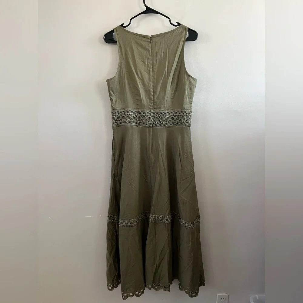 J. Crew Olive Green Midi Dress with Lace Trim